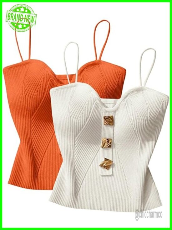 Tops - 2 Pack Ribbed Crop Top Camisole Sweetheart Neck Open Back Sleeveless